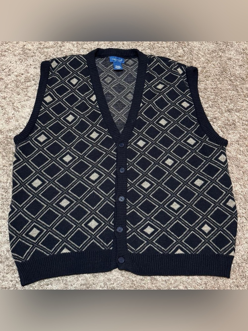 Towncraft Navy Blue / Cream Diamond Patterned Sweater Vest Men’s XXL